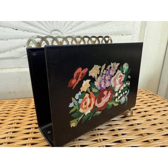 Vintage 50's Black Metal Floral Hand Painted Toleware Napkin/Letter Holder - Picture 2 of 7
